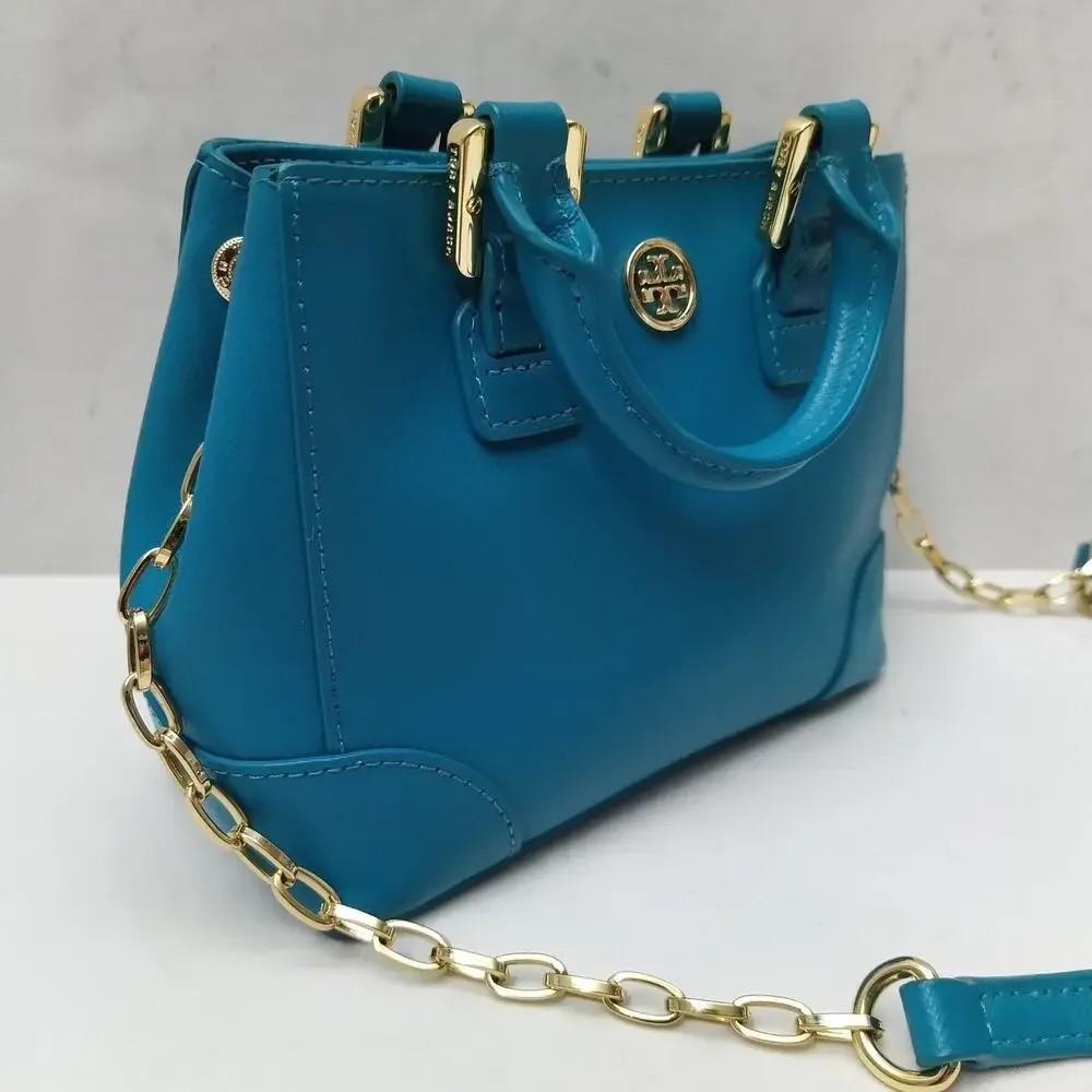 Tory Burch Robinson Blue Leather Doubled Handles Mini Tote Crossbody Bag